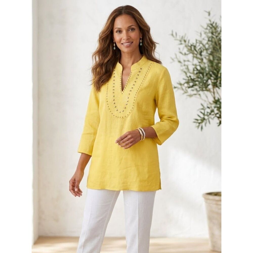 JM Collection | 100% Linen Stud Tunic Yellow Lagenlook Coastal Beach Vacation 14